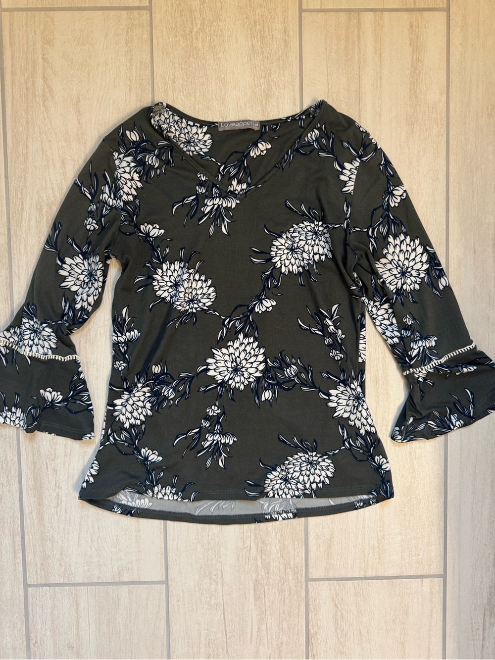 Loveappella Olive Green Floral V-Neck Bell Sleeve Top